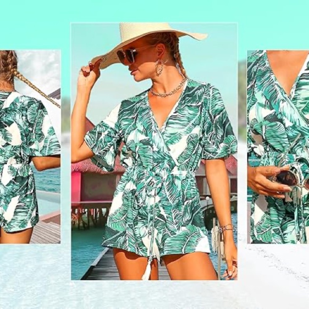 Tropical Leaf Print Wrap Romper